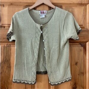 R&K Knit Light Green Button Down Catdigan with Olive Green Trim